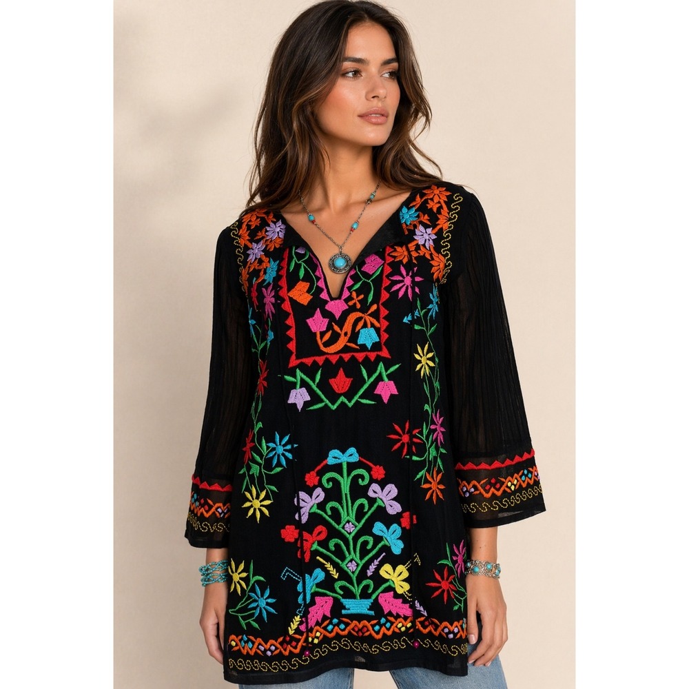 King Ranch Womens Black Floral Embroidered Tunic Blouse L Tie Neck Boho Western